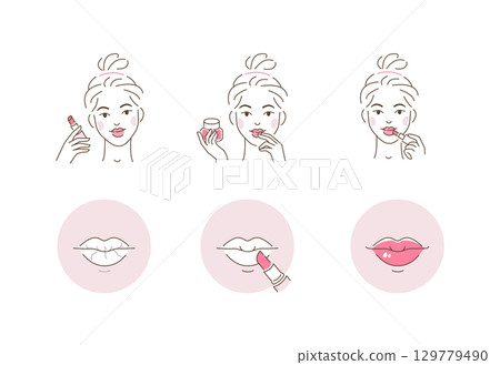 Beauty Girl Take Care of her Lips and Use Lipstick and Lip Balsam against Dry and Cracked Lips. Woman Applying Lip Balm with Fingers 129779490