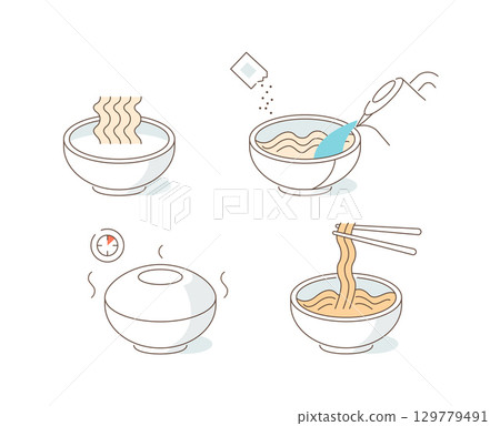 Instruction How to Prepare and Cook Dry Instant Noodle Soup. Ramen Noodles in Bowl Cup with Flavoring. Eat with Chopstick 129779491