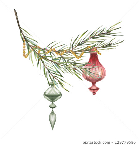 Christmas evergreen spruce branch decorated with red and green glass toys and golden garland watercolor illustration.Hand drawn New year festive floral clipart for card,poster,packing design 129779586