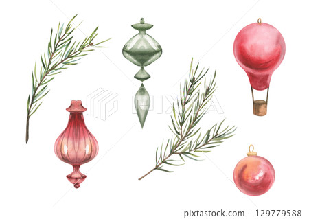 Christmas tree traditional decor watercolor set with red and green glass vintage balls,evergreen spruce branches illustration. Isolated New year festive elements for retro card,poster, fabric design. 129779588