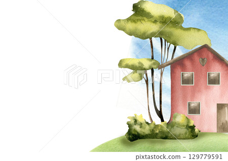 Red bricks tiny cottage on green grass-plot with trees and bushes and blue sky background watercolor illustration. Hand drawn summer village banner template for estate poster,web design 129779591