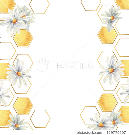 Honey golden combs watercolor banner with yellow and graphics hexagons and white field daisy flowers illustration. Hand drawn organic food frame for product packing, seasonal and festive menu design Honey golden combs watercolor banner with yellow and graphics hexagons and white field daisy flowers illustration. Hand drawn organic food frame for product packing, seasonal and festive menu design 129779607