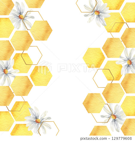 Yellow honey combs and white daisy illustration in watercolor frame template. Hand drawn banner with golden hexagons and field flowers for poster, invitation,logo design. Organic sweet food from bees Yellow honey combs and white daisy illustration in watercolor frame template. Hand drawn banner with golden hexagons and field flowers for poster, invitation,logo design. Organic sweet food from bees 129779608