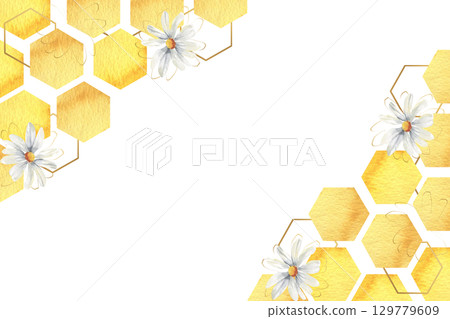 Yellow organic honey watercolor banner with golden hexagons and field white daisy flowers illustration. Hand drawn geometric frame with hexagons and floral elements,chamomile and combs for card design 129779609