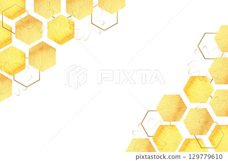 Honey combs and golden graphics elements in watercolor frame template. Hand drawn geometric banner with yellow and gold hexagons and floral elements for poster, card, invitation design 129779610