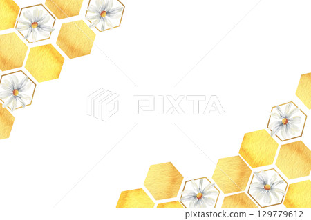 Yellow honey comb with white daisy flowers watercolor banner template. Hand drawn golden hexagons frame, geometric clipart with organic sweet food and field floral elements for packing,poster design Yellow honey comb with white daisy flowers watercolor banner template. Hand drawn golden hexagons frame, geometric clipart with organic sweet food and field floral elements for packing,poster design 129779612