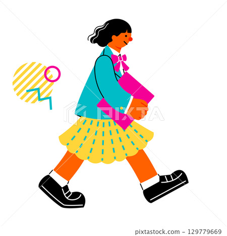 A pop and colorful illustration of a female student walking energetically while carrying a file 129779669