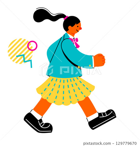 充滿活力行走的女學生的流行且色彩鮮豔的插圖 129779670