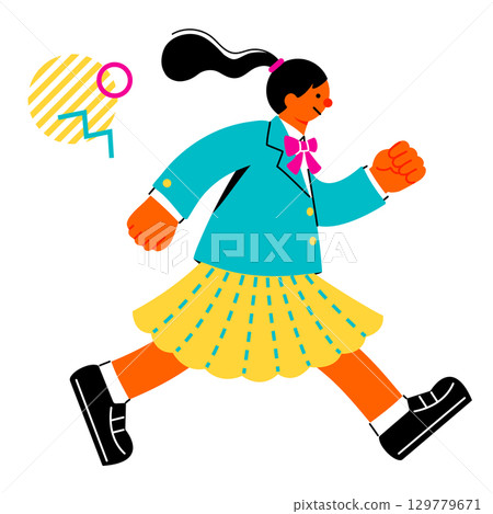 充滿活力奔跑的女學生的流行且色彩鮮豔的插圖 129779671