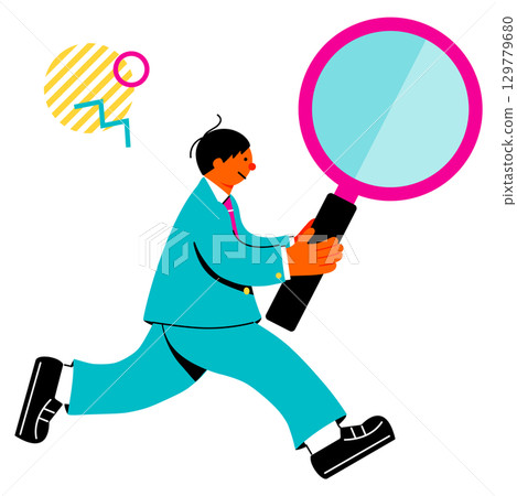 A pop and colorful illustration of a male student holding a large magnifying glass 129779680