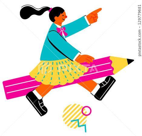 A pop and colorful illustration of a female student standing on a large pencil and pointing forward A pop and colorful illustration of a female student standing on a large pencil and pointing forward 129779681