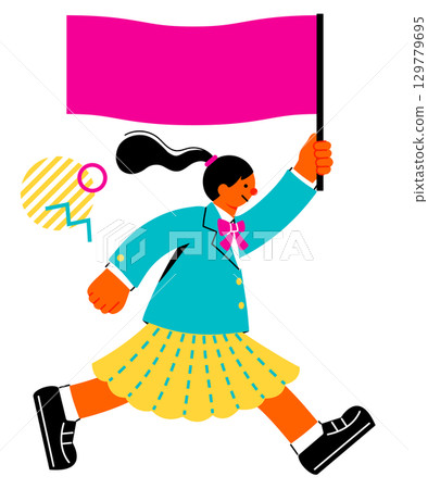 A pop and colorful illustration of a female student running with a large flag A pop and colorful illustration of a female student running with a large flag 129779695