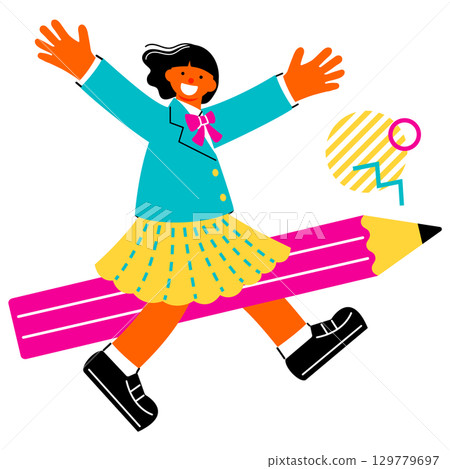 一幅色彩鮮豔的流行插畫，描繪了一位女學生站在一支大鉛筆上，張開雙臂 129779697