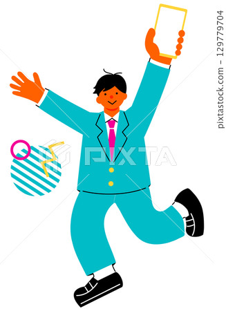 A pop and colorful illustration of a male student happily holding his smartphone up high 129779704