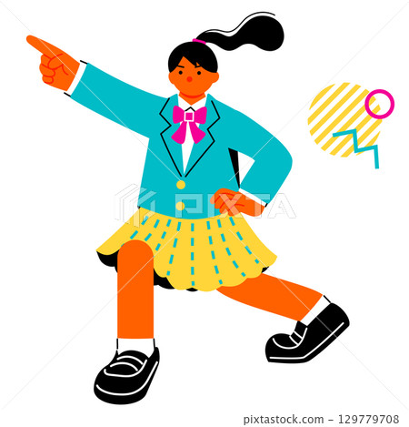 一幅色彩鮮豔的流行插畫，描繪的是一位女學生指向自己的目標 129779708