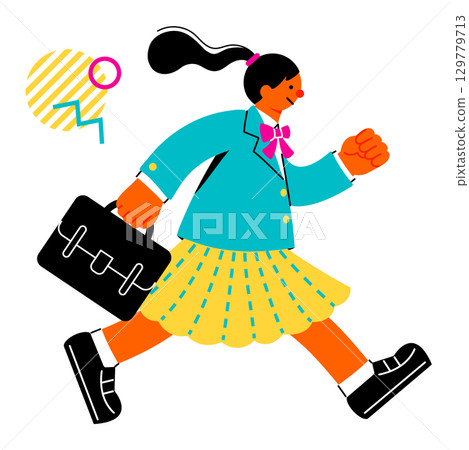 A pop and colorful illustration of a female student running energetically with her school bag 129779713