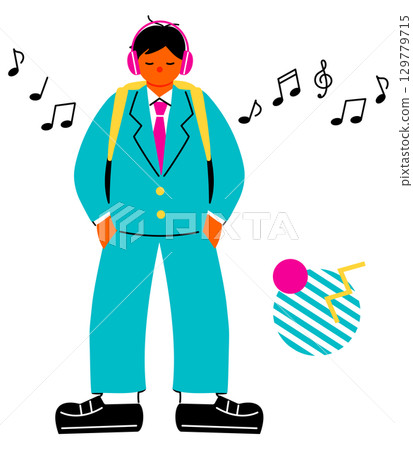 一位男學生戴著耳機聽音樂的流行彩色插圖 129779715