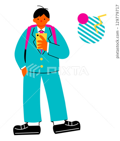 一幅色彩鮮豔的流行插圖，描繪的是一名男學生站著看智慧型手機 129779717