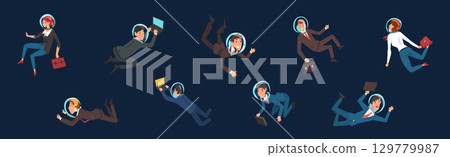 Business Man and Woman Character in Suit and Astronaut Helmet Flying in Outer Space Vector Set 129779987