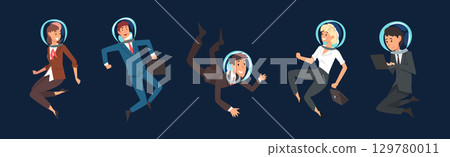 Business Man and Woman Character in Suit and Astronaut Helmet Flying in Outer Space Vector Set 129780011