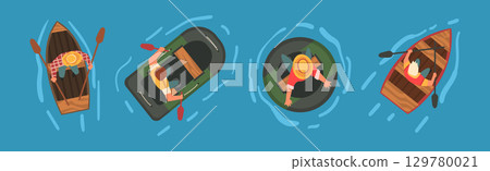 Man Rafting on Inflatable Raft and Wooden Boat with Paddle or Oar Above View Vector Set 129780021
