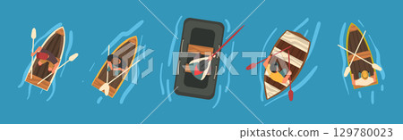Man Rafting on Inflatable Raft and Wooden Boat with Paddle or Oar Above View Vector Set Man Rafting on Inflatable Raft and Wooden Boat with Paddle or Oar Above View Vector Set 129780023