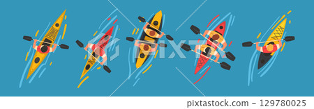 Man Rafting and Kayaking on Inflatable Boat with Paddle or Oar Above View Vector Set 129780025