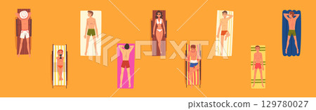 Man and Woman Sunbathing on Sandy Beach Lying on Blanket Top View Vector Set Man and Woman Sunbathing on Sandy Beach Lying on Blanket Top View Vector Set 129780027