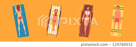 Man and Woman Sunbathing on Sandy Beach Lying on Blanket Top View Vector Set 129780032