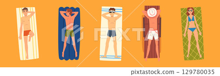 Man and Woman Sunbathing on Sandy Beach Lying on Blanket Top View Vector Set Man and Woman Sunbathing on Sandy Beach Lying on Blanket Top View Vector Set 129780035