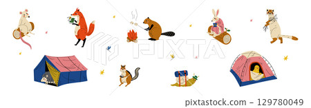 Forest Animal Hiking and Camping in Summer Vector Set 129780049