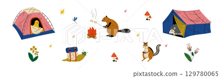 Forest Animal Hiking and Camping in Summer Vector Set 129780065