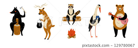 Forest Animal Hiking and Camping in Summer Vector Set 129780067
