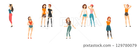 Happy Woman Character Feeling Joy in Standing Pose Vector Set 129780079