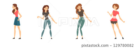 Happy Woman Character Feeling Joy in Standing Pose Vector Set 129780082