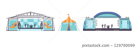 Open Air Music Festival with Stage and Band Performers Vector Set 129780099