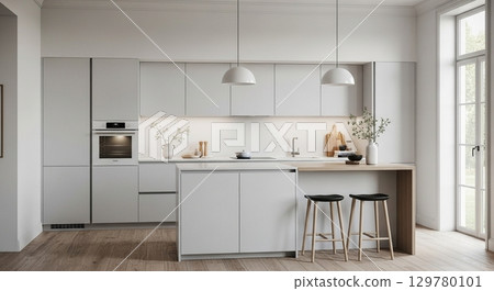 A bright and simple residential kitchen with a harmonious blend of white and wood grain. Modern kitchen interior. 129780101