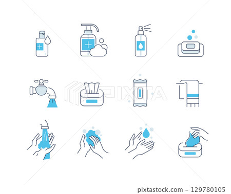 Hygiene Icons Set. Soap,Cleaning Tissues and other Hygienic Products. Washing Hand with Soap,Antiseptic Gel 129780105
