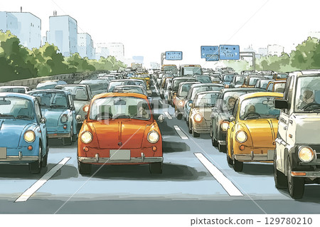 圖示為車隊安全減速以避免高速公路交通堵塞 129780210