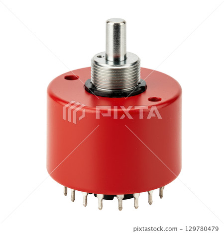Red industrial multi position rotary switch with a threaded metal shaft for panel mounting 129780479