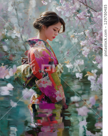 身著和服的美女在櫻花的簇擁下，享受春天的景色 | 日本的傳統與優雅的時刻 129780485