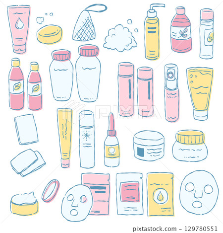 手繪保養品插圖集（粉紅色、黃色） 129780551