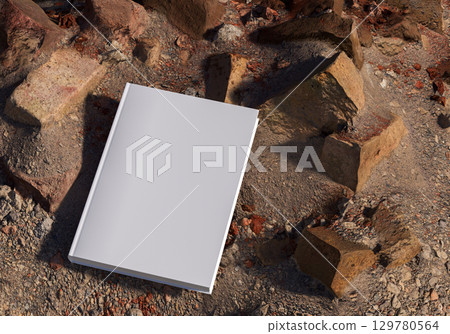 Book mockup on brick ruins and sand outdoor scene for design branding education storytelling creativity and rustic concept 129780564