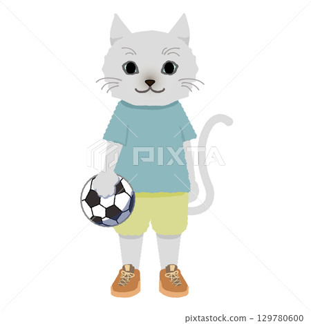一隻貓直立著拿著足球 129780600