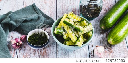 Lightly salted cucumbers with dill and garlic in a bowl on the table web banner Lightly salted cucumbers with dill and garlic in a bowl on the table web banner 129780660