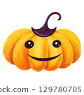 Smiling funny pumpkin with hat. Hand-drawn watercolor cartoon illustration, isolated clipart. Halloween symbol on white background, for card, label, invitation, design and kids holiday decoration. 129780705