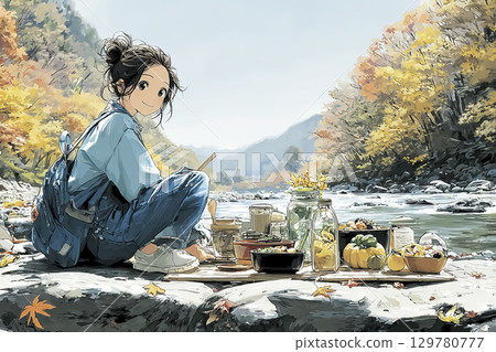 Miyu Series: Spreading a lunch box by the river surrounded by autumn leaves 129780777