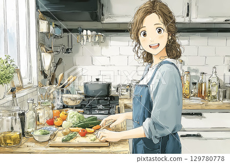 美優系列：年輕女子在廚房煮飯的場景 129780778