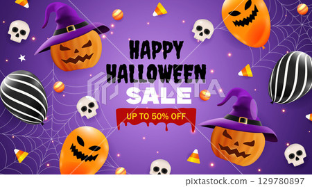 Halloween celebration with spooky elements and sale themes. Vector illustration 129780897