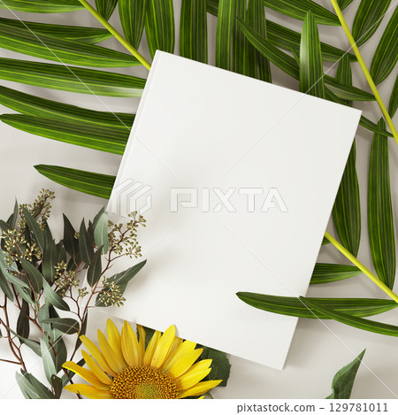 Blank card mockup on white background with tropical palm leaves and flowers wedding invitation greeting card template floral stationery design branding and creative presentation Blank card mockup on white background with tropical palm leaves and flowers wedding invitation greeting card template floral stationery design branding and creative presentation 129781011